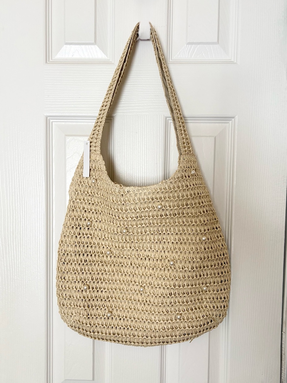 Handwoven Pearl Accent Straw Tote Bag - Beige NWOT